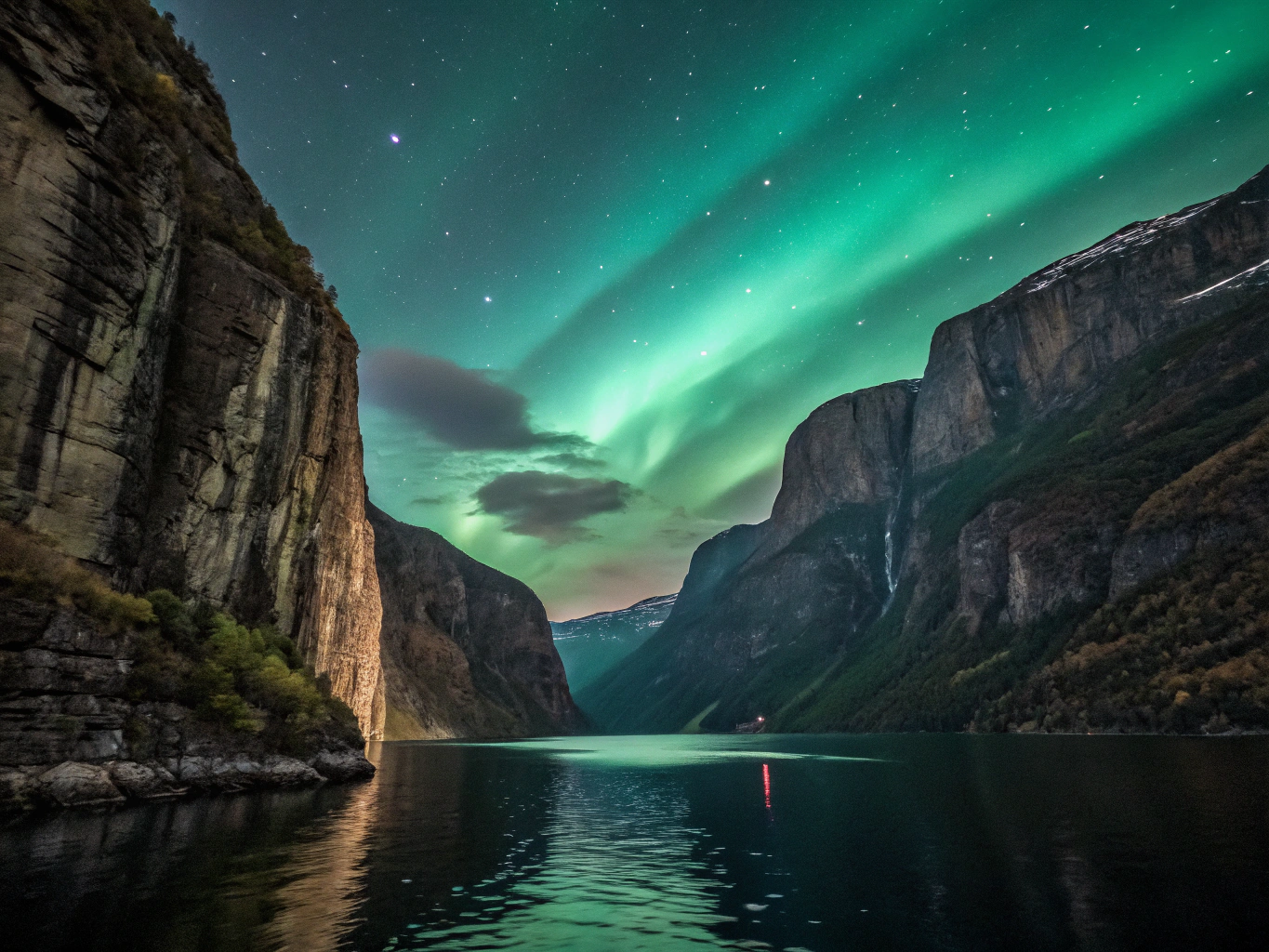 Dramatic arctic shoreline with steep granite peaks reflected in still water