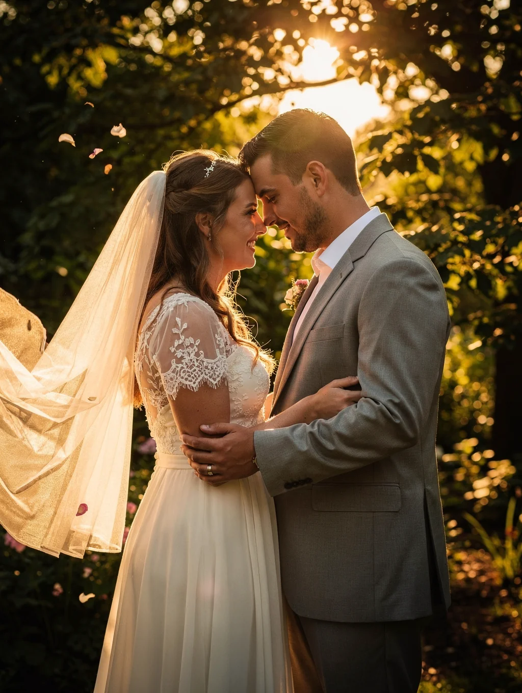 Candid emotional moment between bride and groom amidst botanical gardens