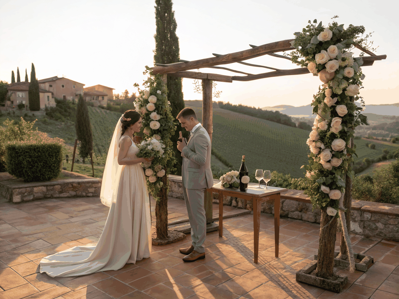 Intimate wedding ceremony in an organic hillside vineyard during twilight
