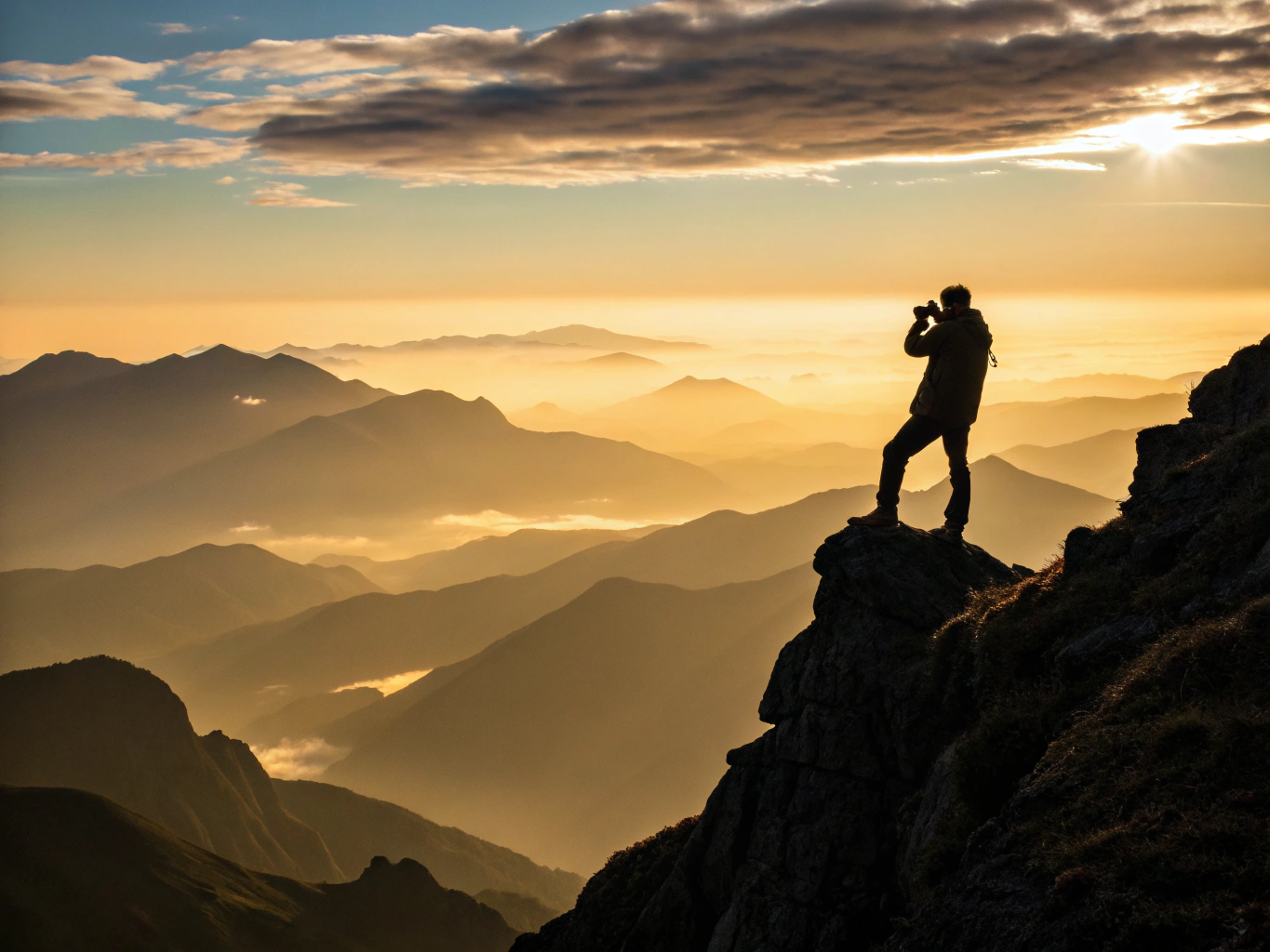 Photographer framing sunrise over misty alpine peaks